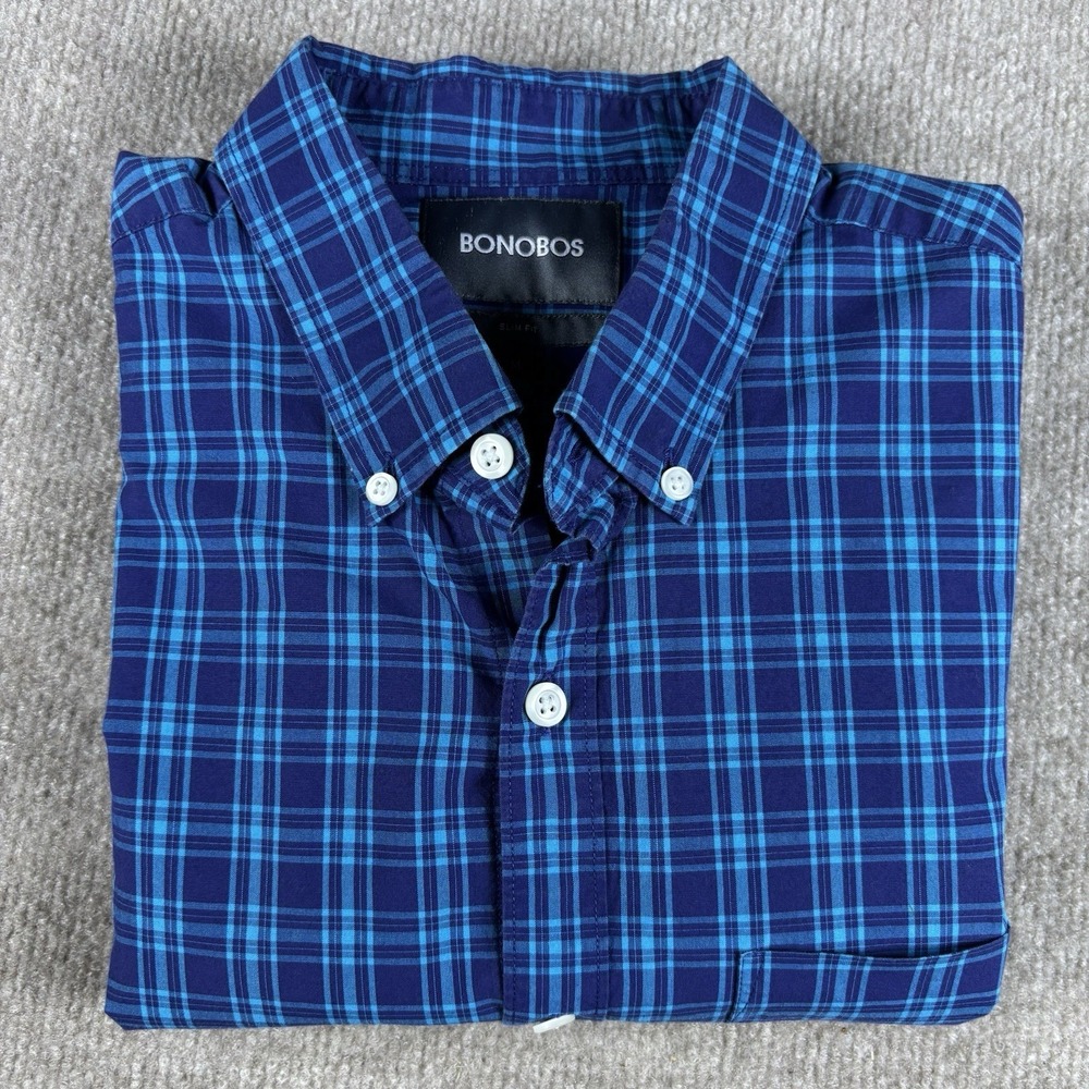 Bonobos Slim Fit Button Up Shirt Mens Medium Blue Plaid Long Sleeve Cotton
